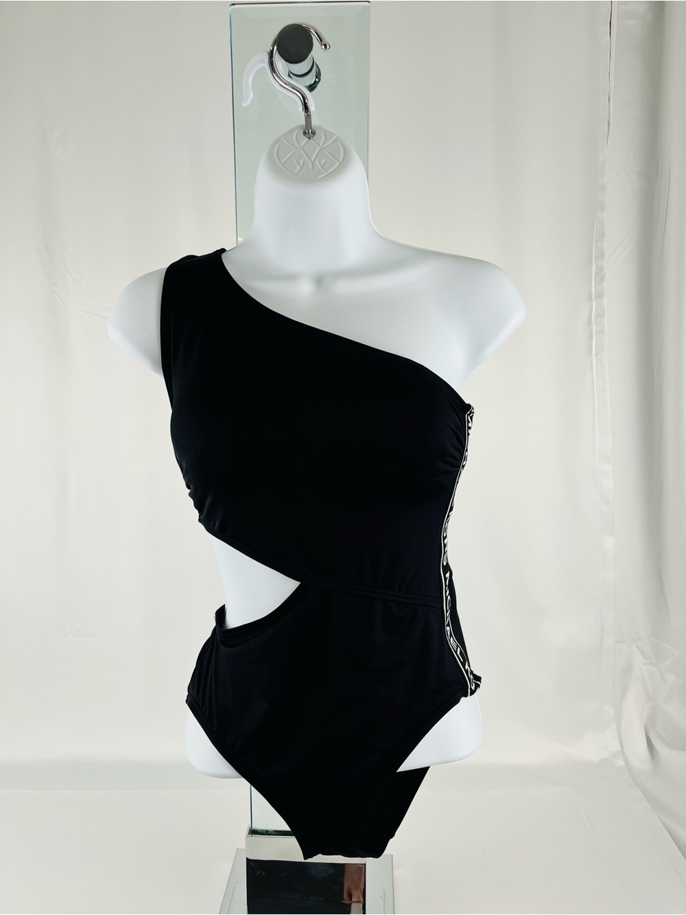 MICHAEL Michael Kors Logo Tape One-Shoulder Cutout Sporty Swimsuit Black Size 4 - Picture 3 of 14
